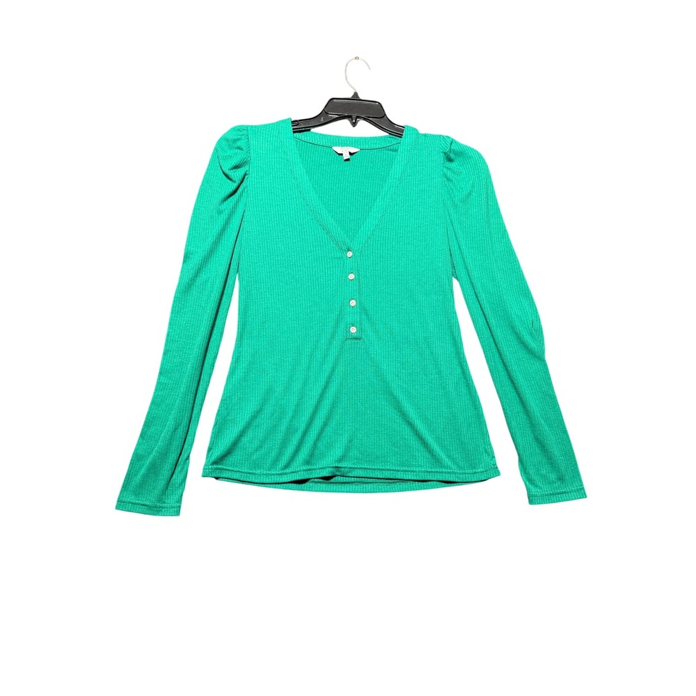 Crown & Ivy Henley Top Women M Green Excellent Ribbed Puff Sleeve